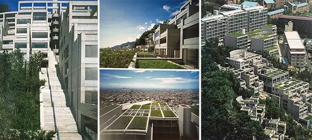 顺着山体坡度而建的六甲山集合住宅公寓,完全融入了自然环境里.