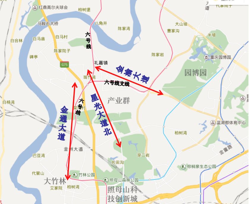 (礼嘉区域主干道路示意图)