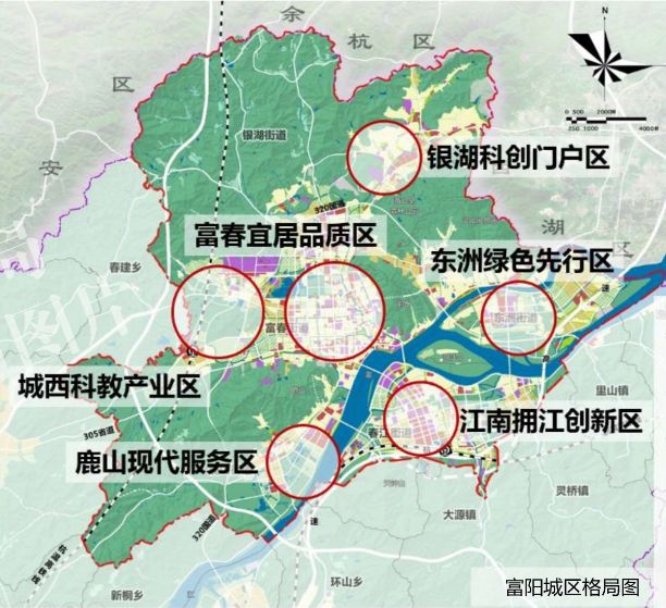 一城:包括银湖,城西,东洲,富春,江南,鹿山六大片区,为富阳拥江发展