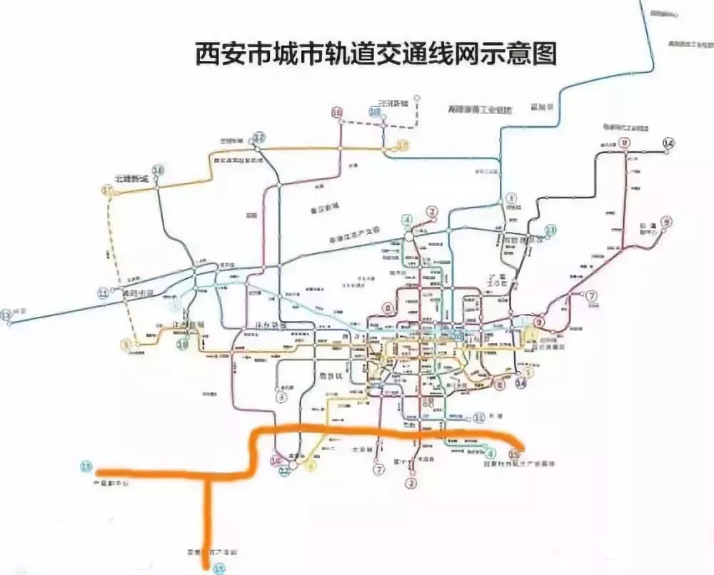 △西安规划23条地铁线路图(橙色部分为地铁15号线) 从细柳至韩家湾的